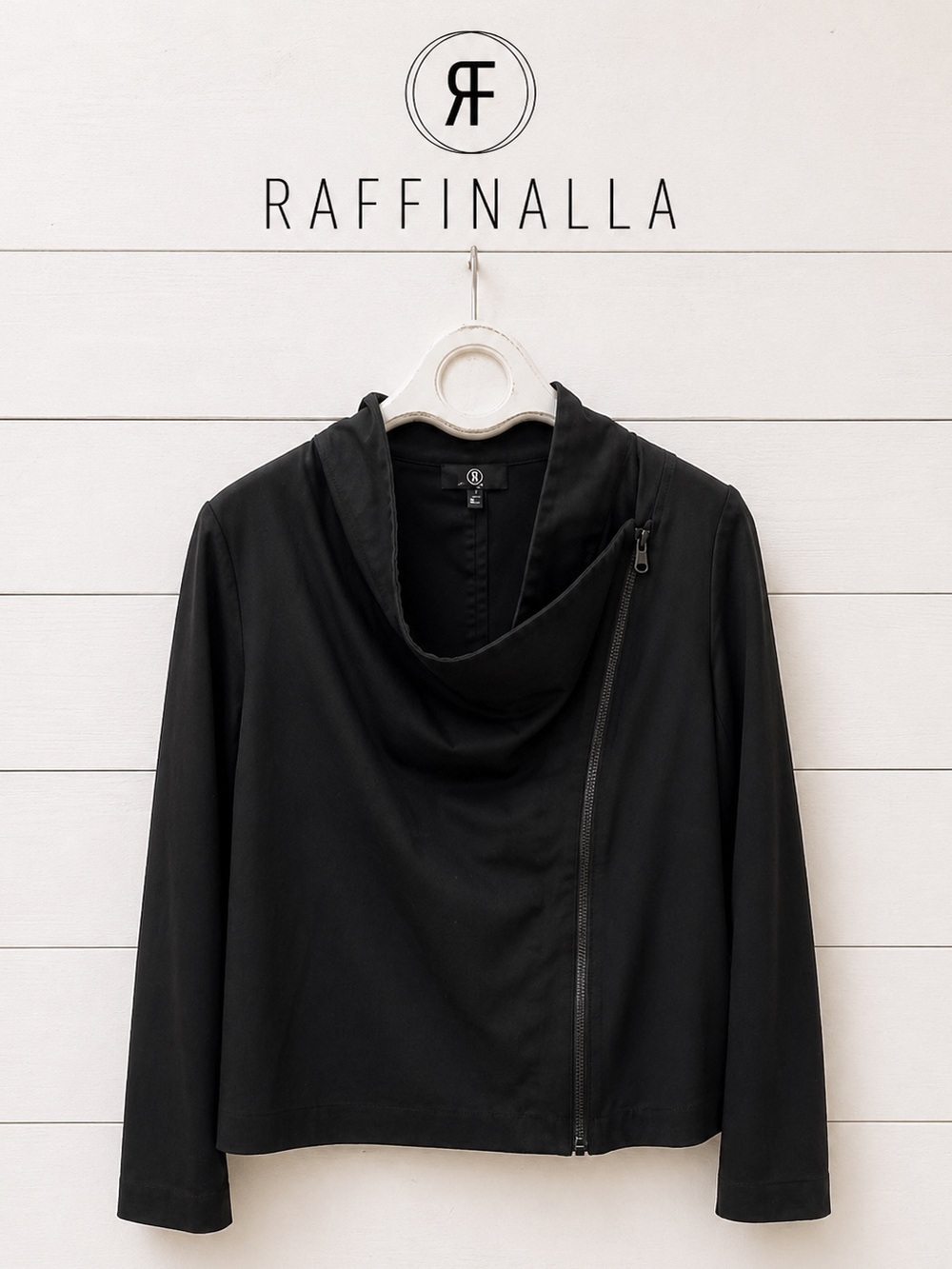 RAFFINALLA– Black Asymmetrical Zip Jacket – Size 16